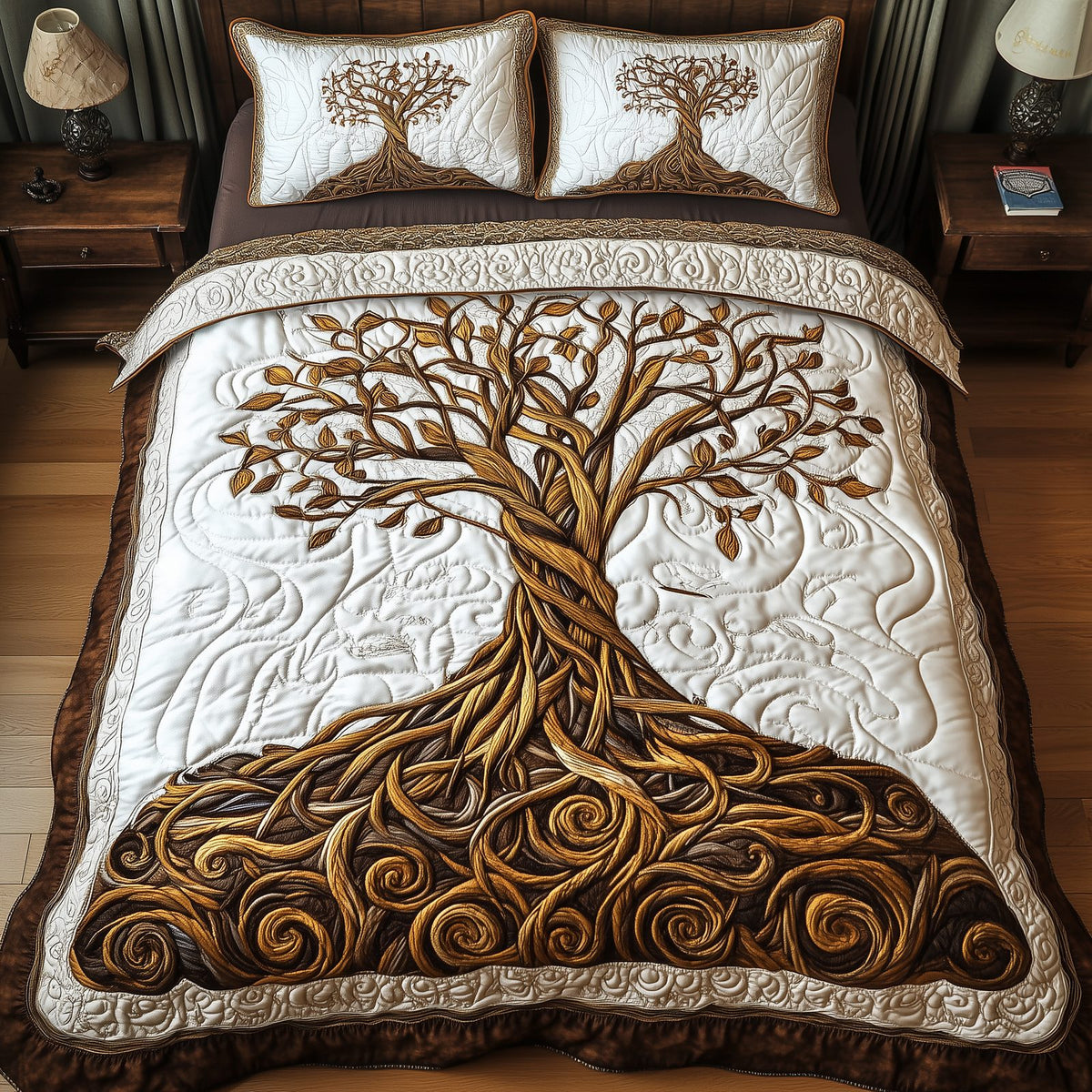 Eternal Tree Of Life quilted 3-piece bedding set on a made bed with two matching pillow shams