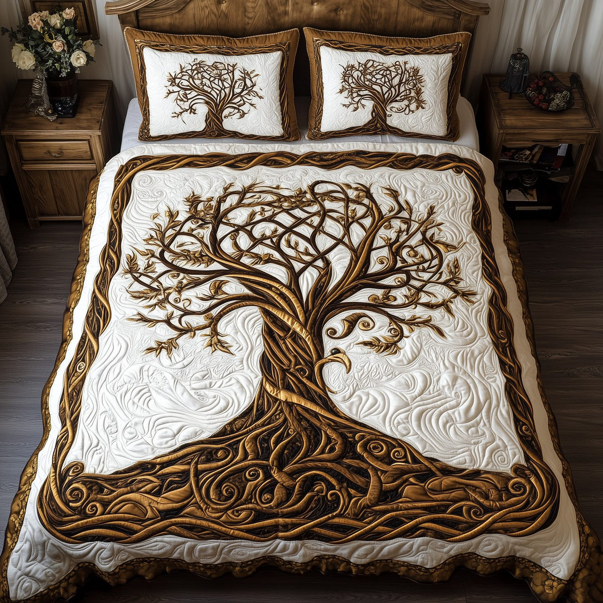 Eternal Tree Of Life quilted 3-piece bedding set on a made bed with two matching pillow shams