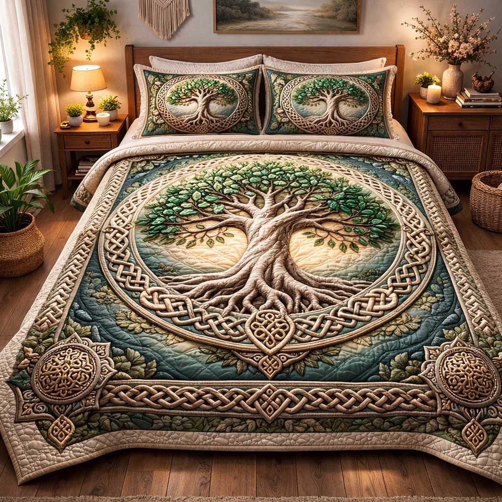 Eternal Tree quilted 3-piece bedding set on a made bed with two matching pillow shams
