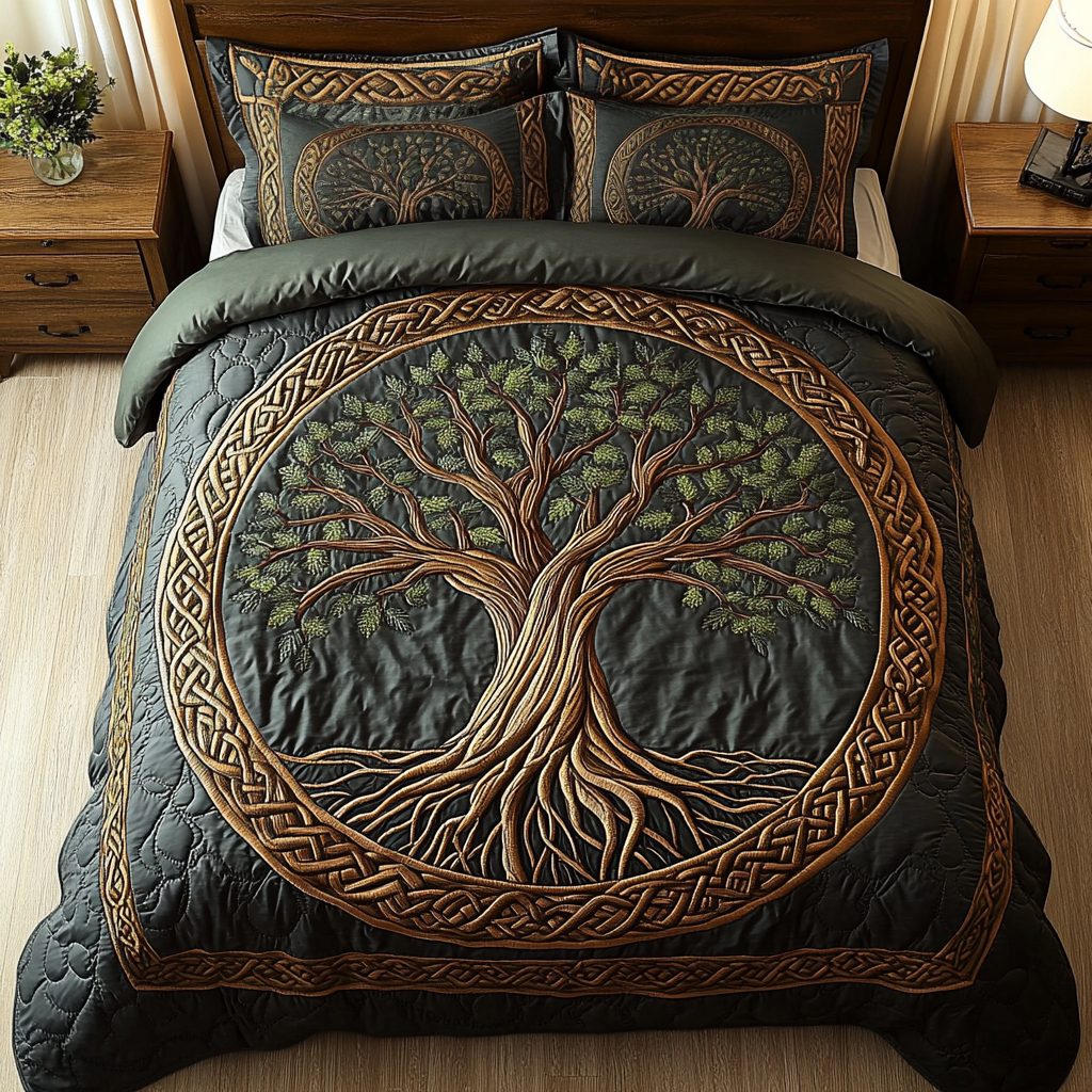 Eternal Tree quilted 3-piece bedding set on a made bed with two matching pillow shams