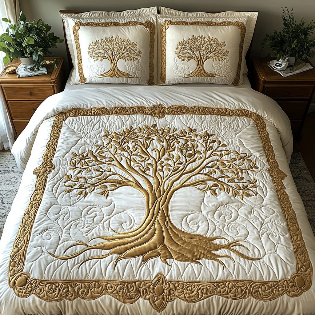 Eternal Tree quilted 3-piece bedding set on a made bed with two matching pillow shams