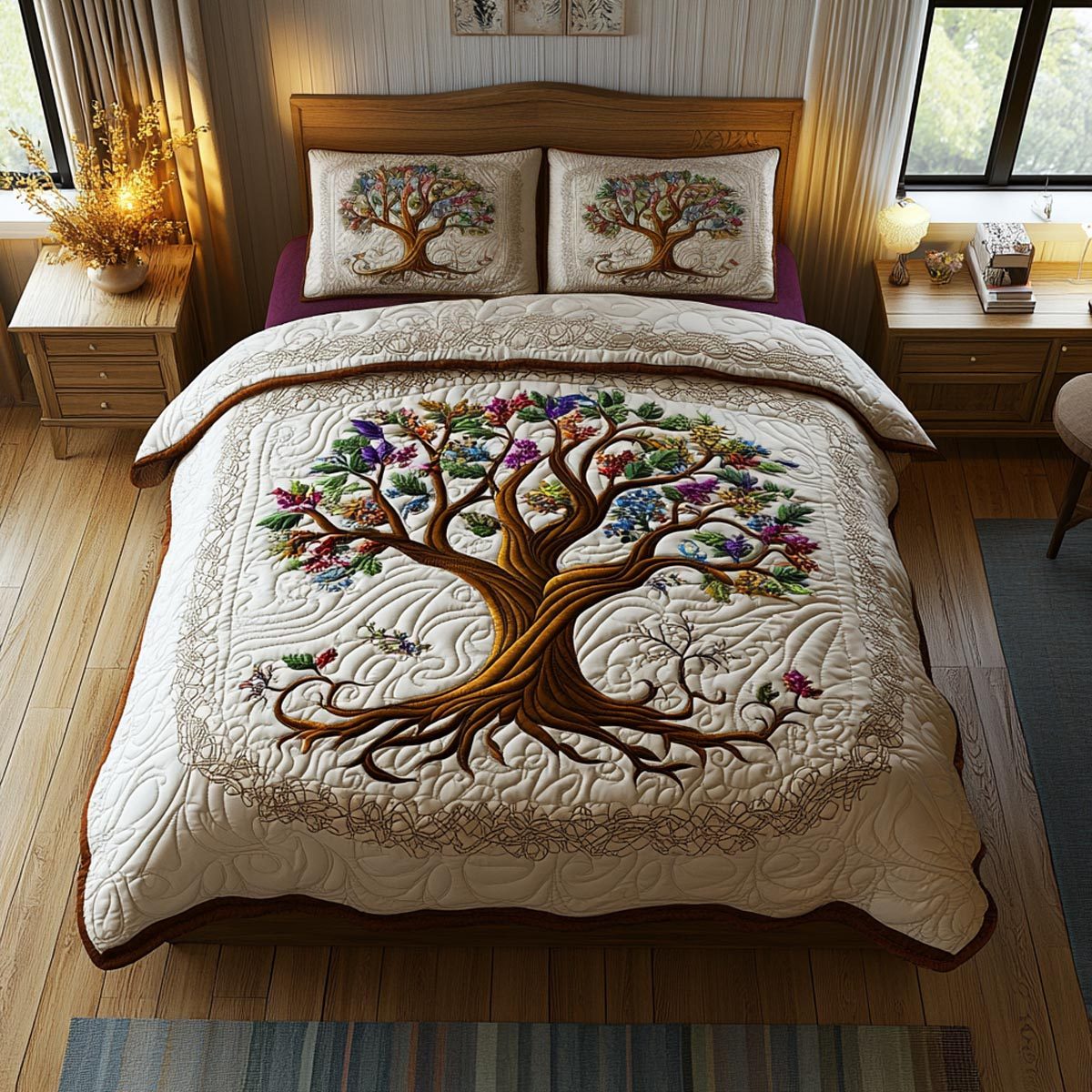 Eternal Tree quilted 3-piece bedding set on a made bed with two matching pillow shams