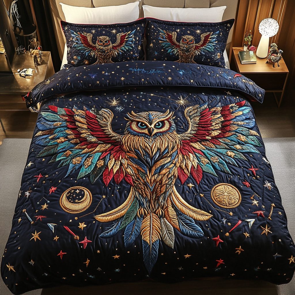 Eternal Watcher quilted 3-piece bedding set on a made bed with two matching pillow shams