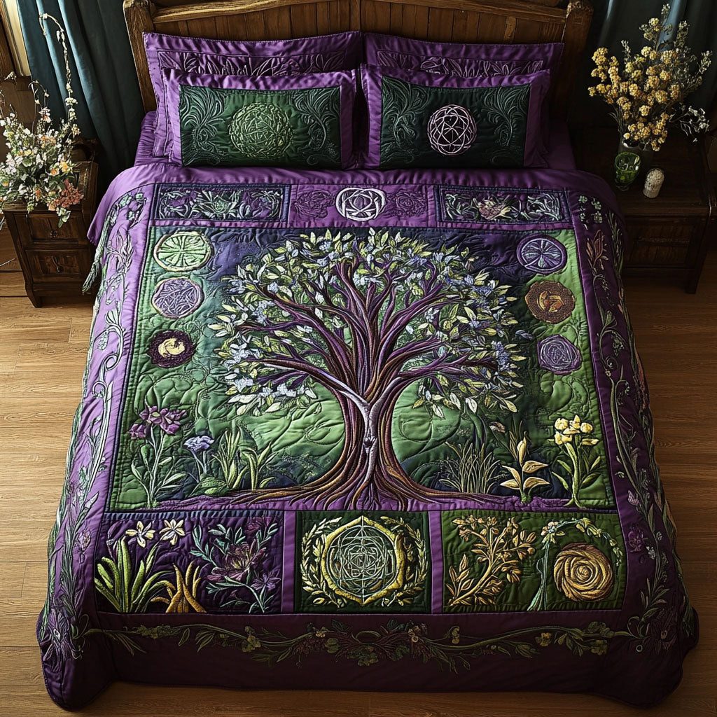 Ethereal Arbor quilted 3-piece bedding set on a made bed with two matching pillow shams