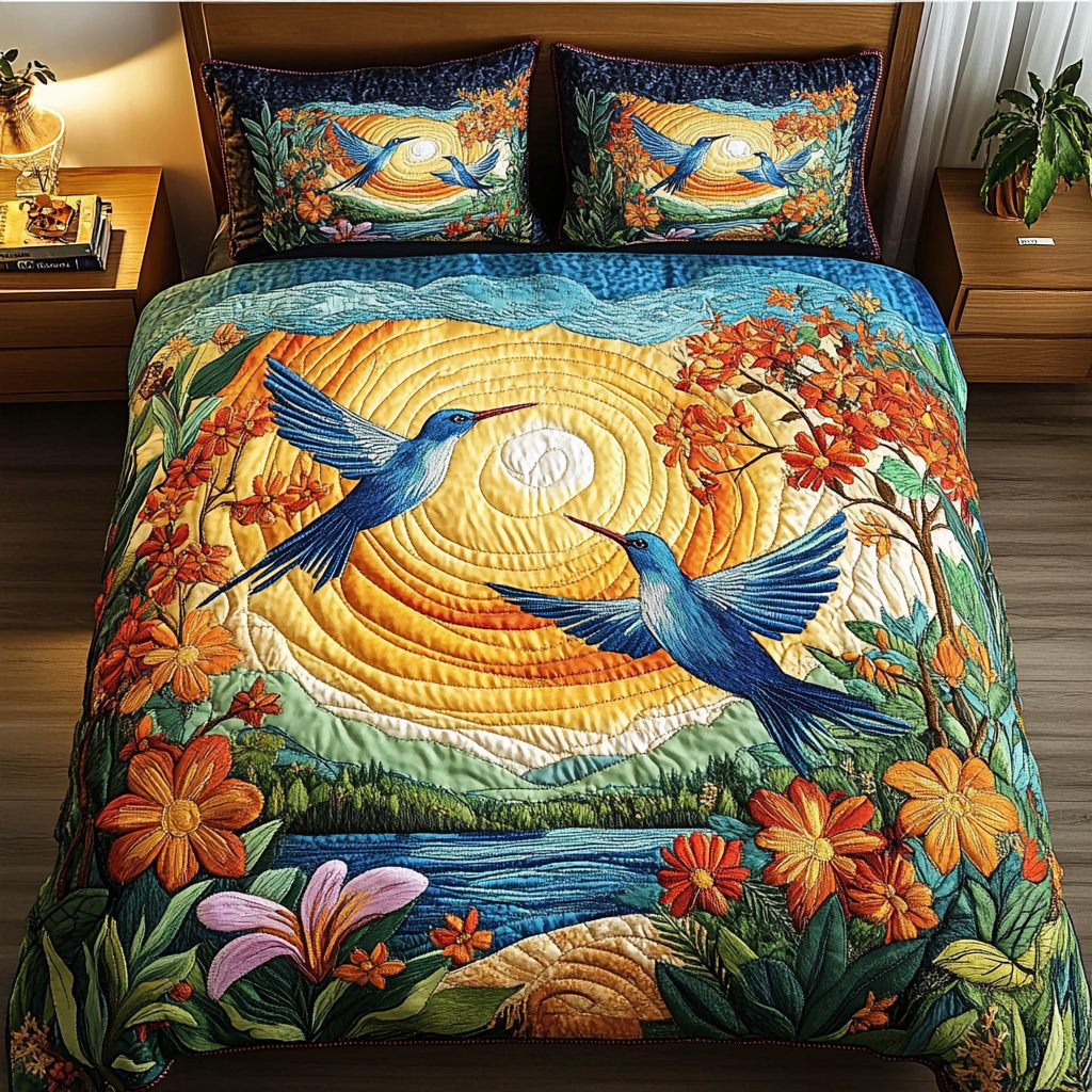 Ethereal Charm quilted 3-piece bedding set on a made bed with two matching pillow shams