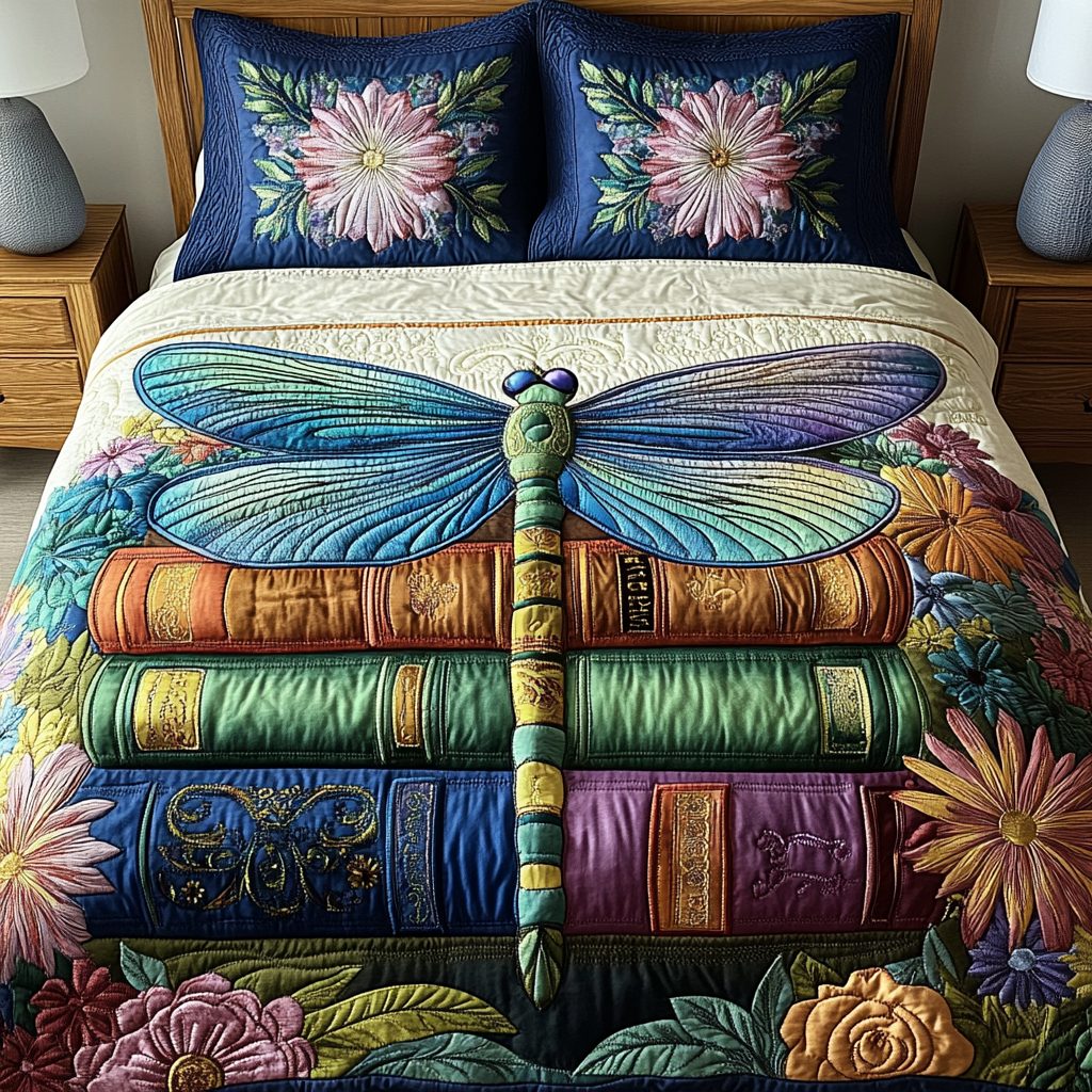 Ethereal Dragonfly Dreams quilted 3-piece bedding set on a made bed with two matching pillow shams