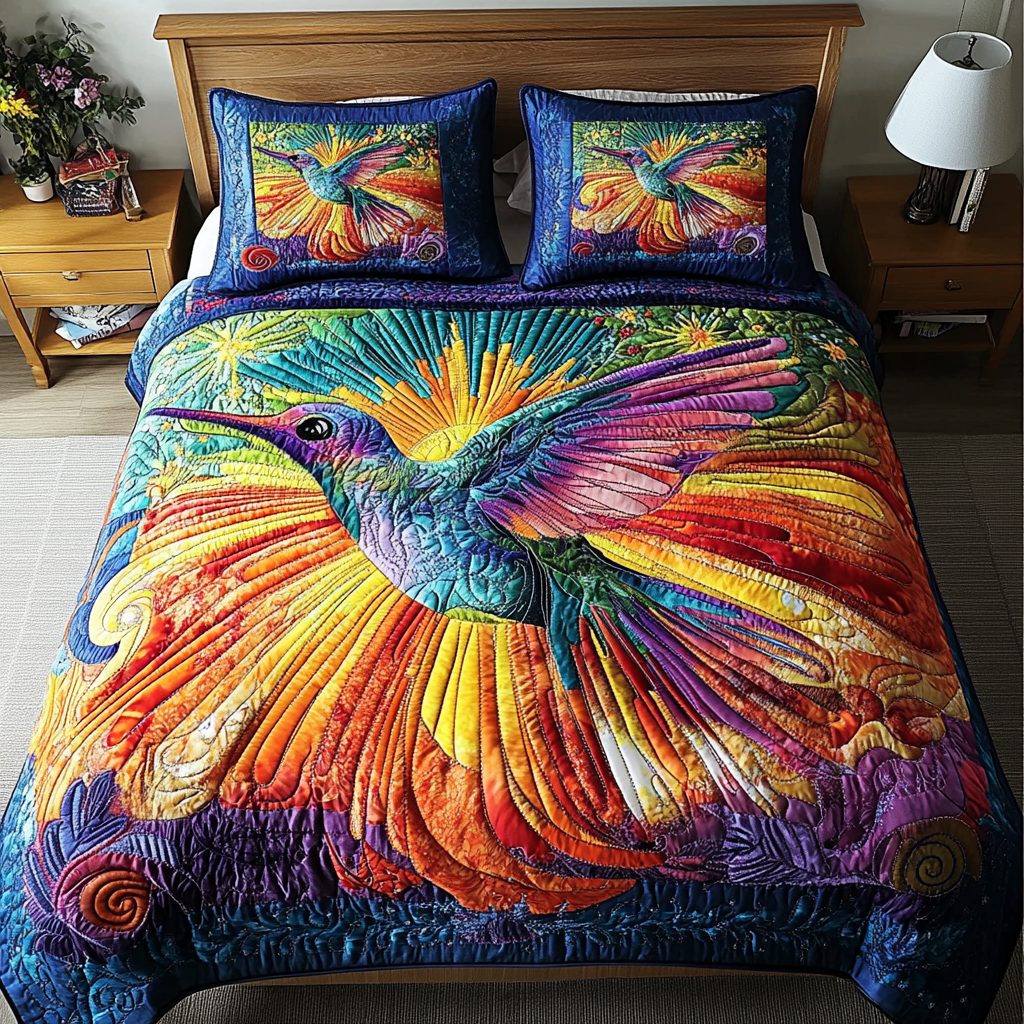Ethereal Flight quilted 3-piece bedding set on a made bed with two matching pillow shams