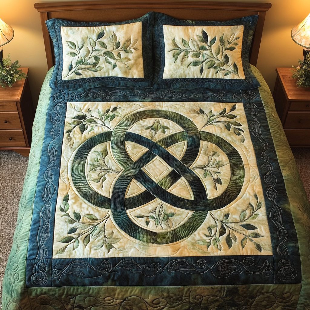 Ethereal Forest quilted 3-piece bedding set on a made bed with two matching pillow shams