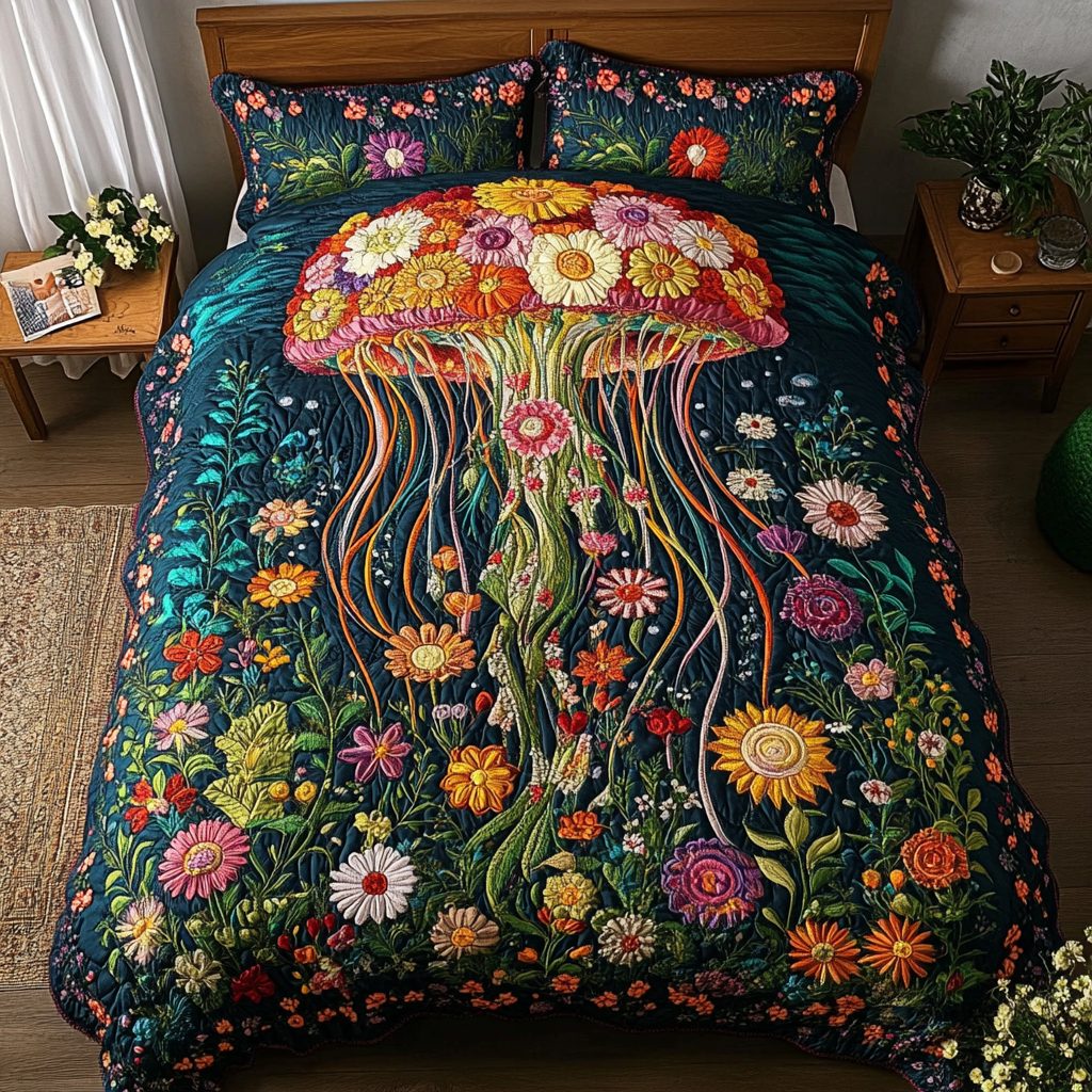 Ethereal Glow quilted 3-piece bedding set on a made bed with two matching pillow shams