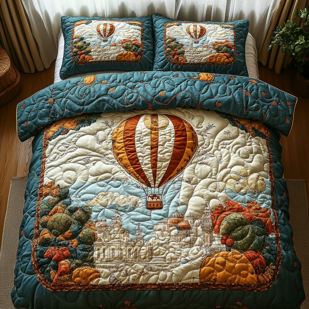 Ethereal Heights quilted 3-piece bedding set on a made bed with two matching pillow shams