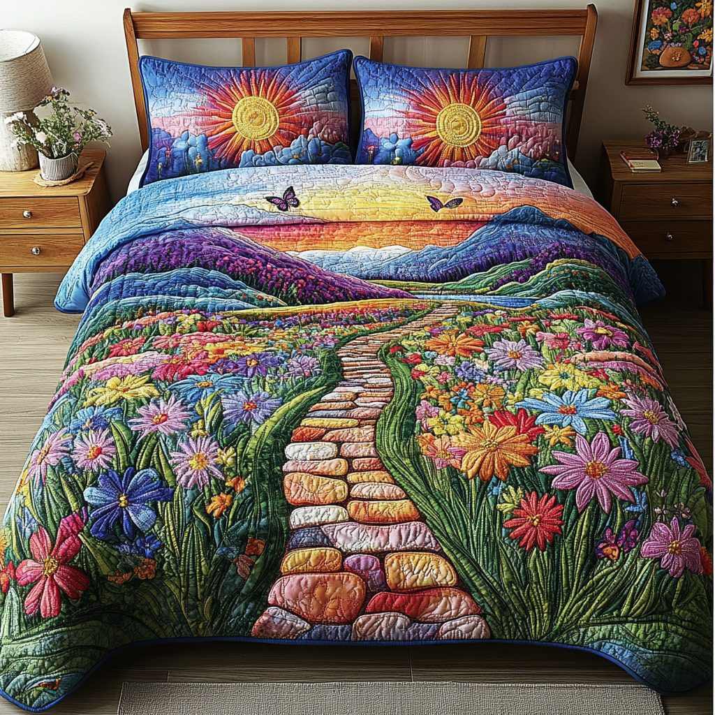 Ethereal Sunset Path quilted 3-piece bedding set on a made bed with two matching pillow shams