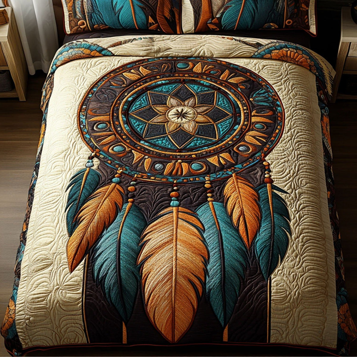 Ethereal Threads quilted 3-piece bedding set on a made bed with two matching pillow shams