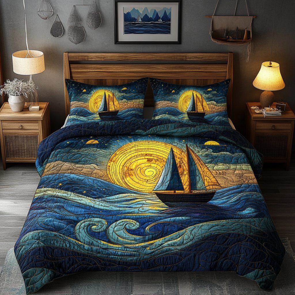 Ethereal Waters quilted 3-piece bedding set on a made bed with two matching pillow shams