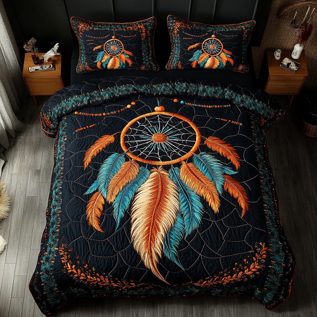 Ethereal Web quilted 3-piece bedding set on a made bed with two matching pillow shams