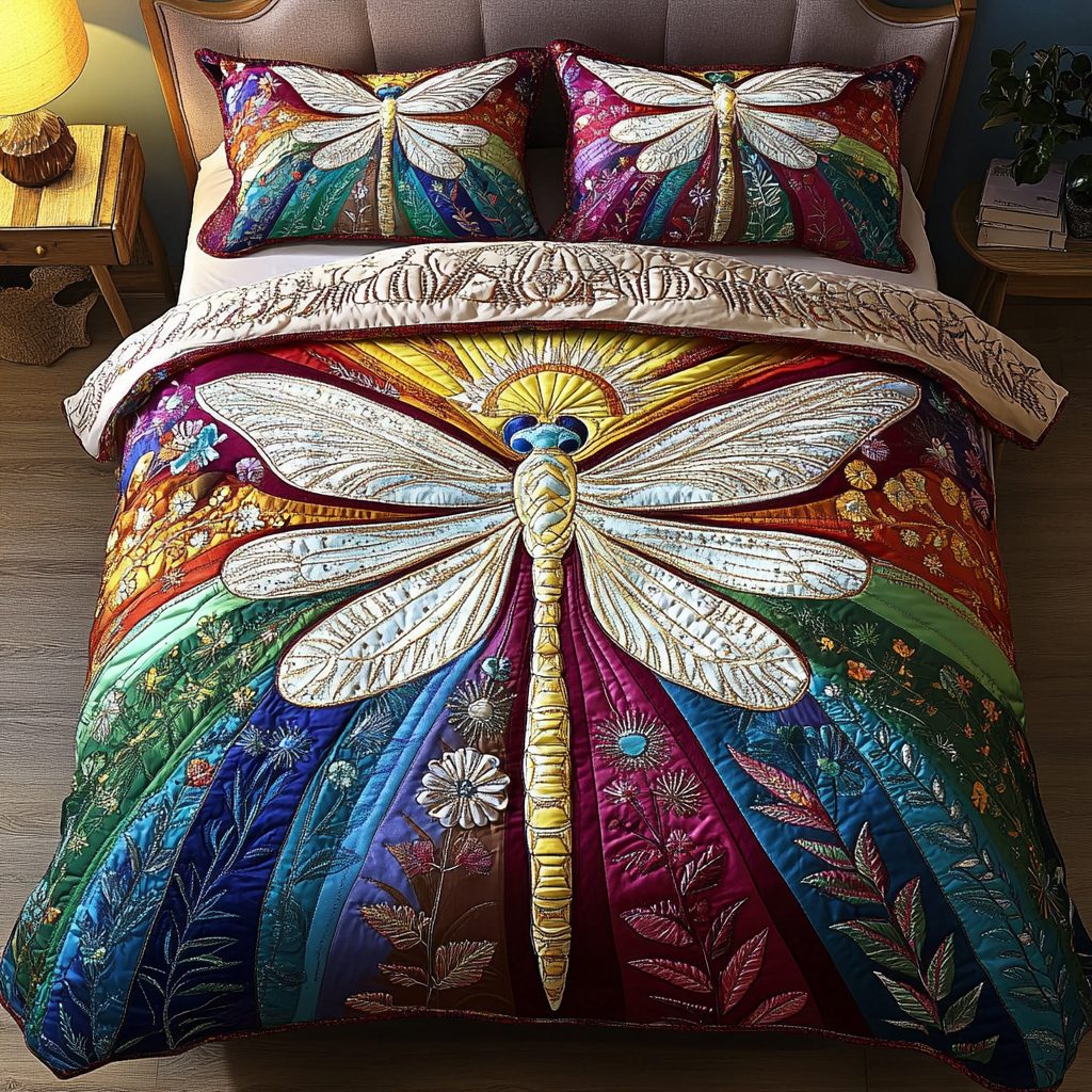 Ethereal Wings quilted 3-piece bedding set on a made bed with two matching pillow shams