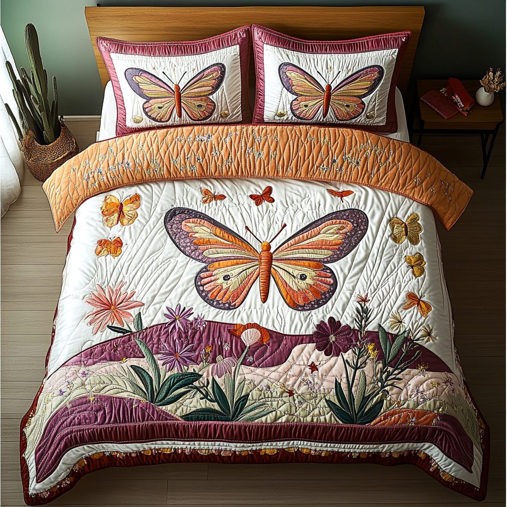 Ethereal Wings quilted 3-piece bedding set on a made bed with two matching pillow shams