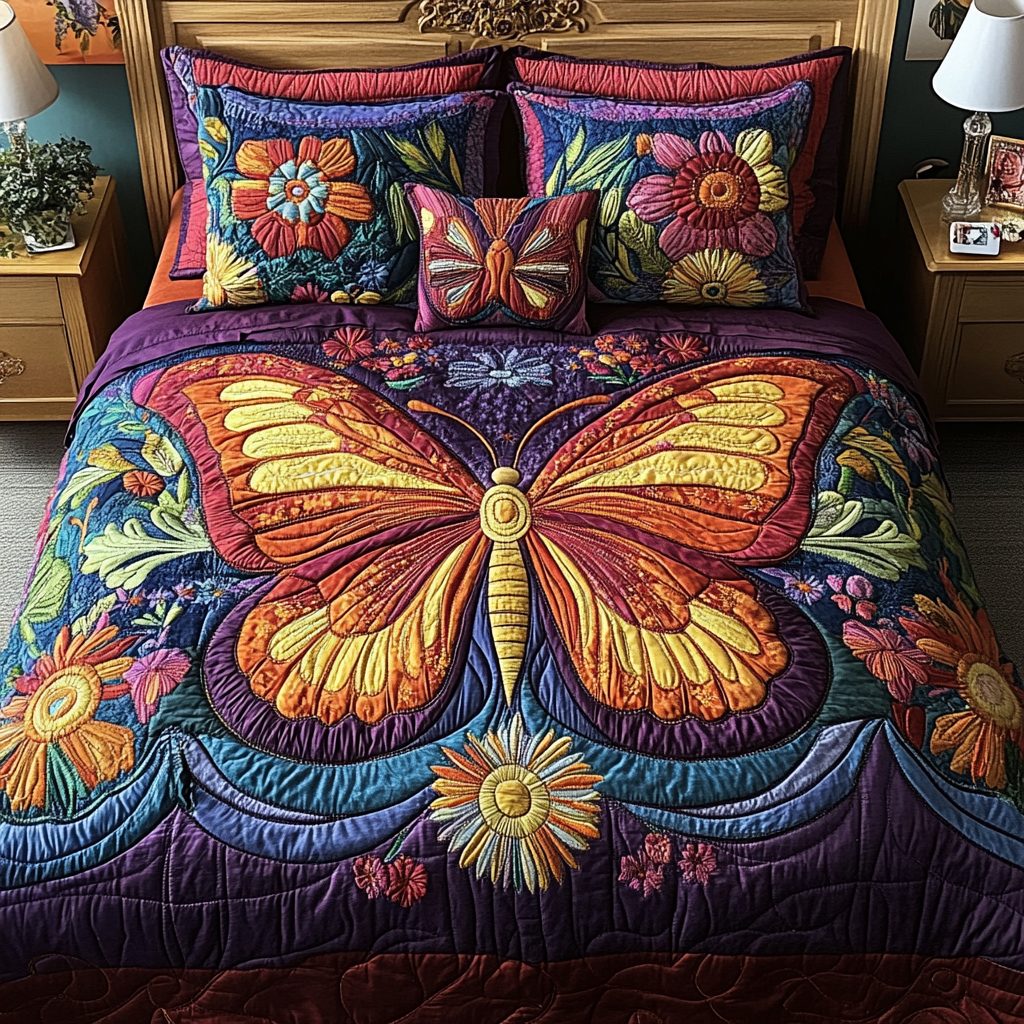 Ethereal Wings quilted 3-piece bedding set on a made bed with two matching pillow shams