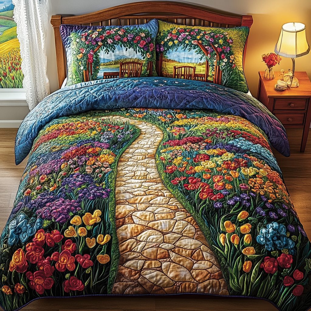Evening Pathway quilted 3-piece bedding set on a made bed with two matching pillow shams