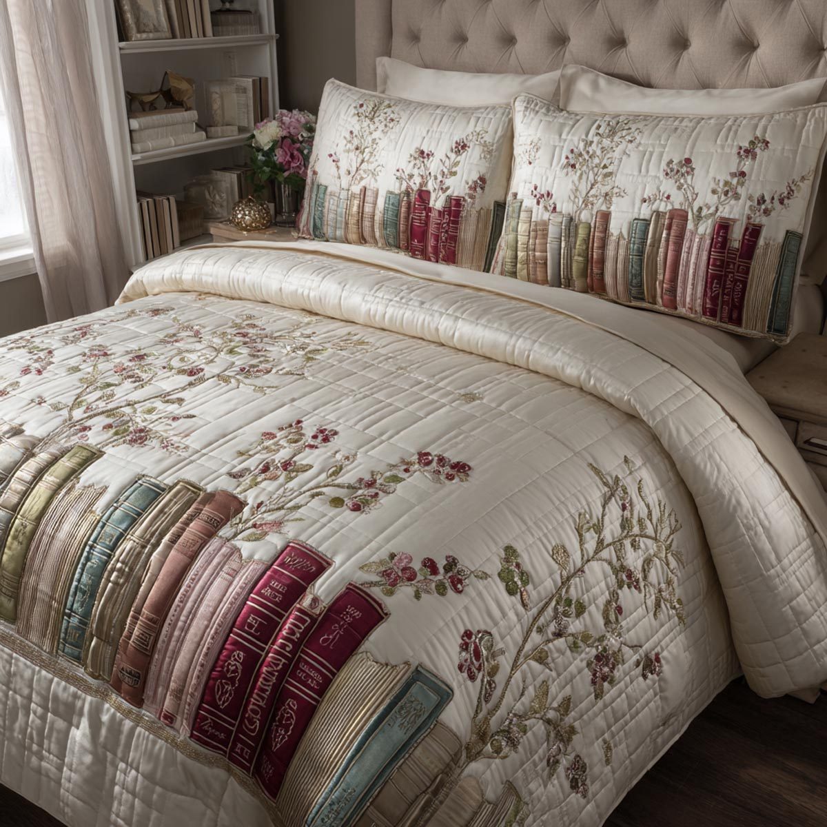Evening Read quilted 3-piece bedding set on a made bed with two matching pillow shams