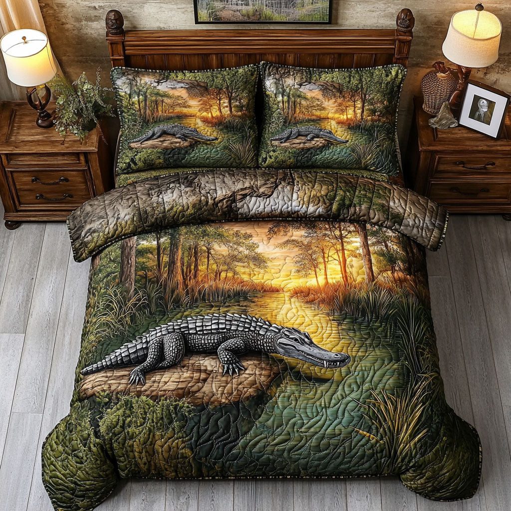 Everglades Adventure quilted 3-piece bedding set on a made bed in a winter-styled bedroom