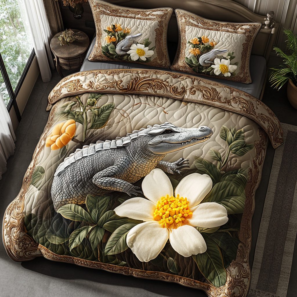 Everglades Alligator Bloom quilted 3-piece bedding set on a made bed with two matching pillow shams