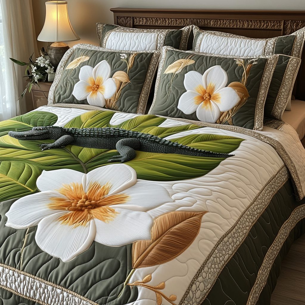 Everglades Alligator Blossom quilted 3-piece bedding set on a made bed with two matching pillow shams