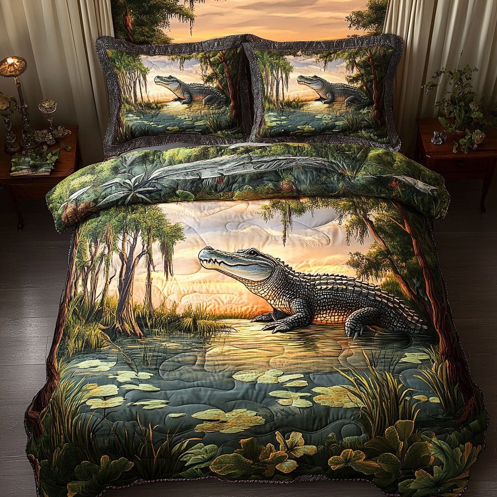 Everglades Hunter quilted 3-piece bedding set on a made bed with two matching pillow shams
