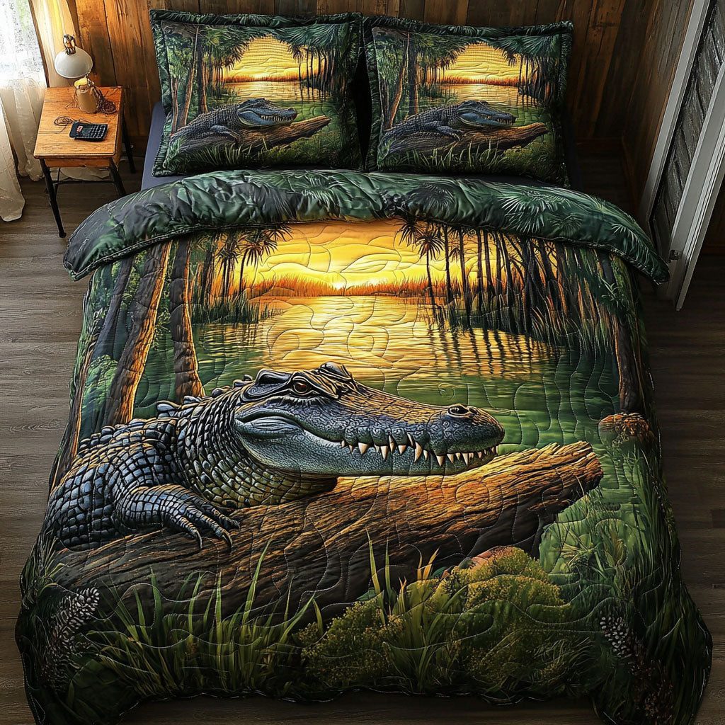 Everglades Pride quilted 3-piece bedding set on a made bed with two matching pillow shams