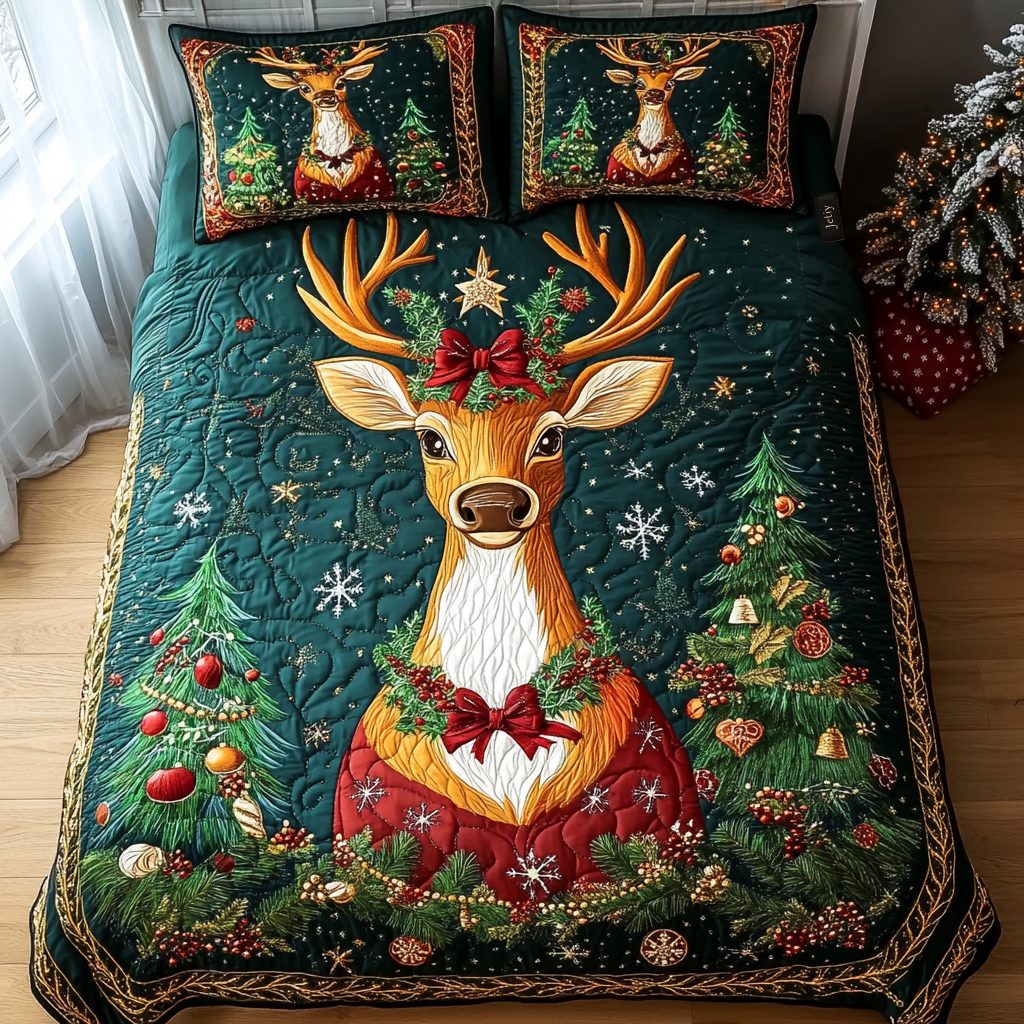 Evergreen Cheer quilted 3-piece bedding set on a made bed with two matching pillow shams