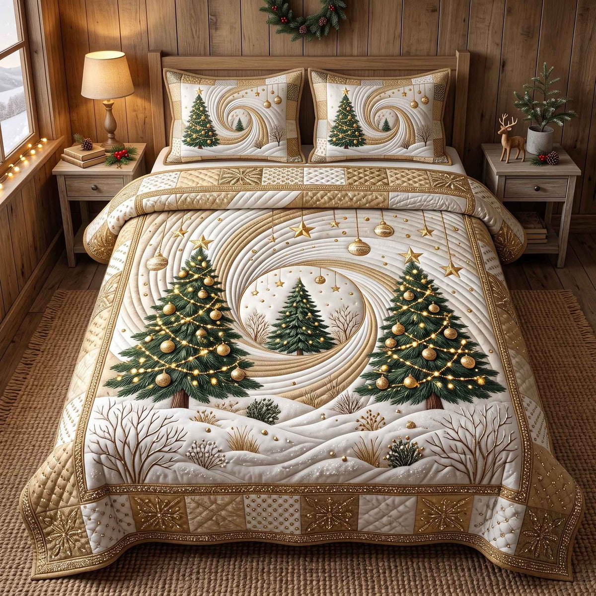 Evergreen Christmas quilted 3-piece bedding set on a made bed in a winter-styled bedroom