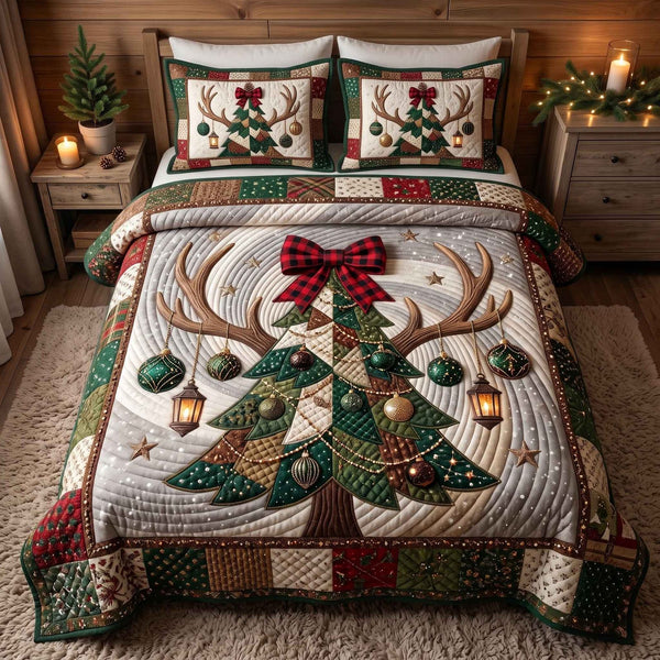 Evergreen Christmas quilted 3-piece bedding set on a made bed in a winter-styled bedroom