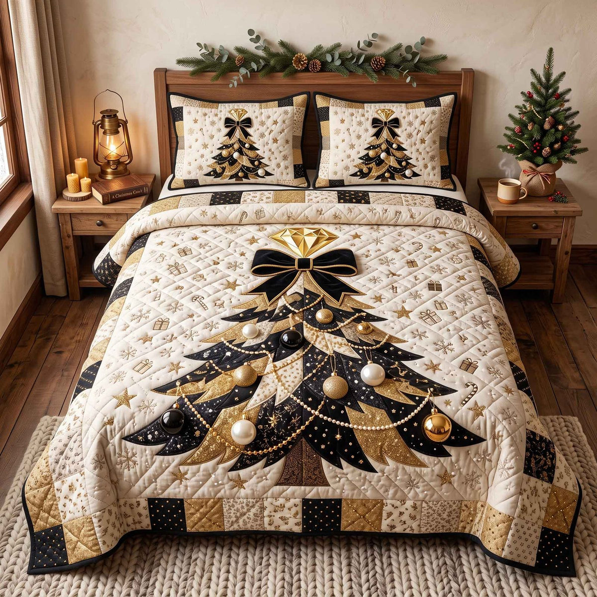 Evergreen Christmas quilted 3-piece bedding set on a made bed in a winter-styled bedroom