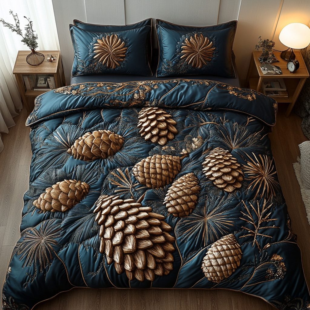Evergreen Cone quilted 3-piece bedding set on a made bed with two matching pillow shams