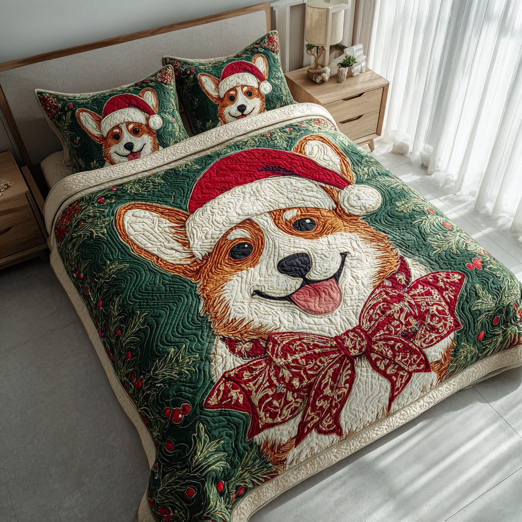 Evergreen Corgi Joy quilted 3-piece bedding set on a made bed with two matching pillow shams
