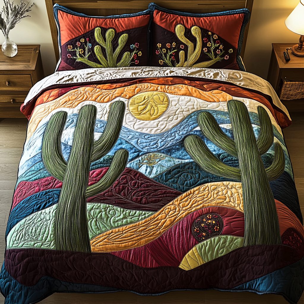 Evergreen Dunes quilted 3-piece bedding set on a made bed with two matching pillow shams