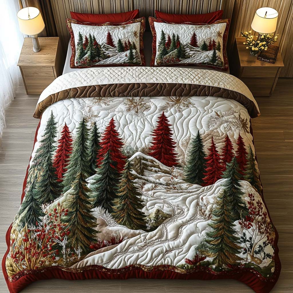 Evergreen Forest quilted 3-piece bedding set on a made bed with two matching pillow shams