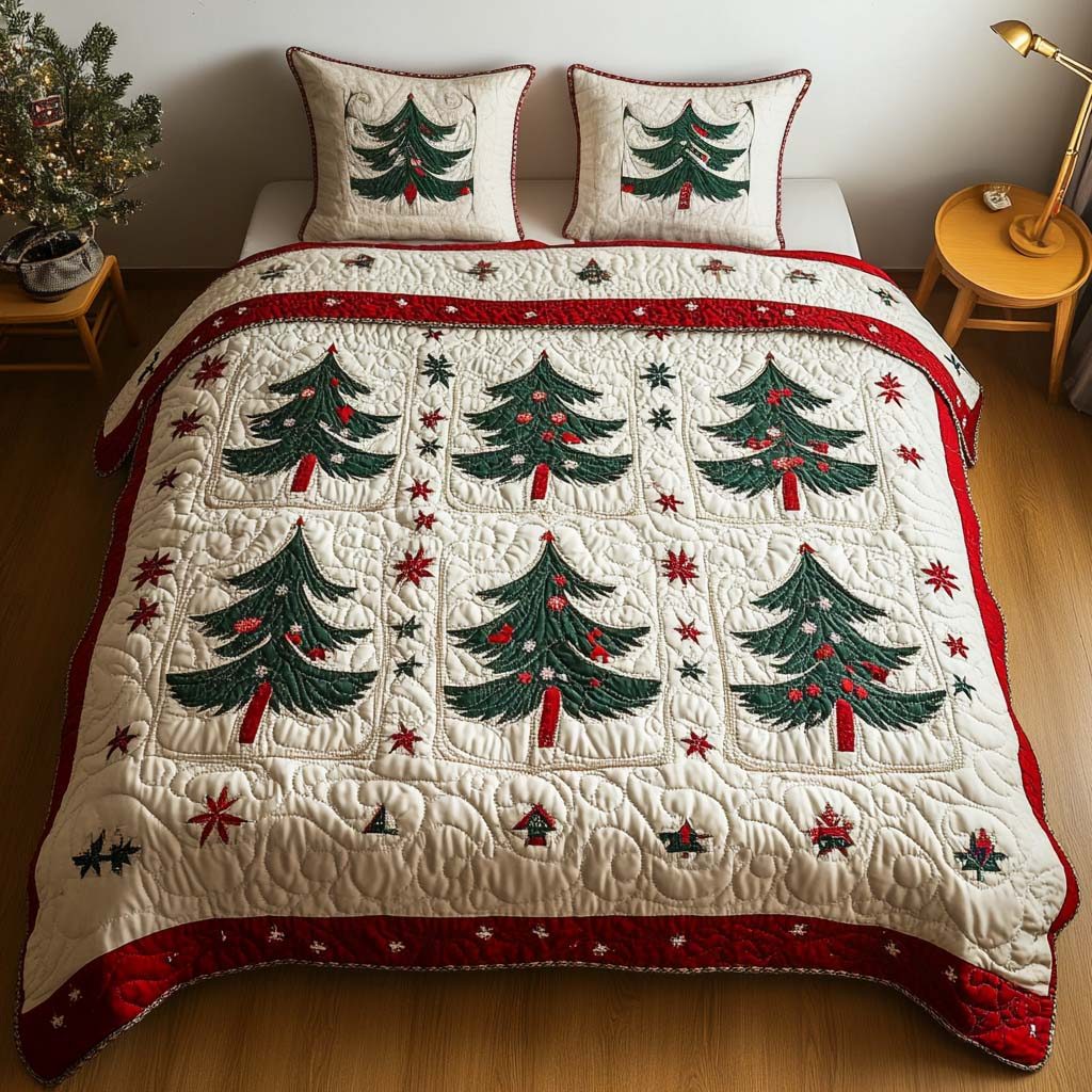 Evergreen Harmony quilted 3-piece bedding set on a made bed with two matching pillow shams