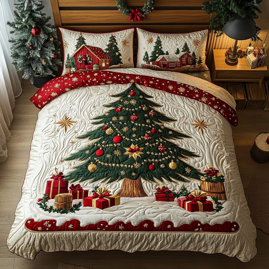 Evergreen Magic quilted 3-piece bedding set on a made bed with two matching pillow shams