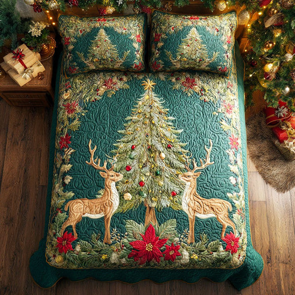 Evergreen Magic quilted 3-piece bedding set on a made bed with two matching pillow shams