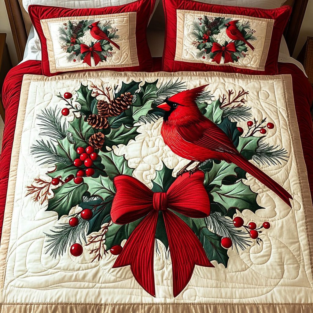 Evergreen Noel quilted 3-piece bedding set on a made bed in a winter-styled bedroom