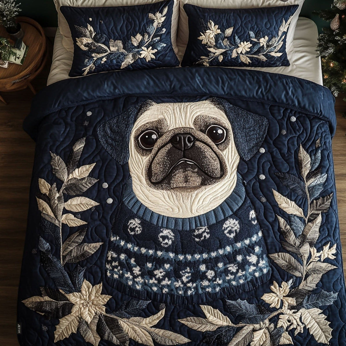 Evergreen Pug Eyes quilted 3-piece bedding set on a made bed with two matching pillow shams