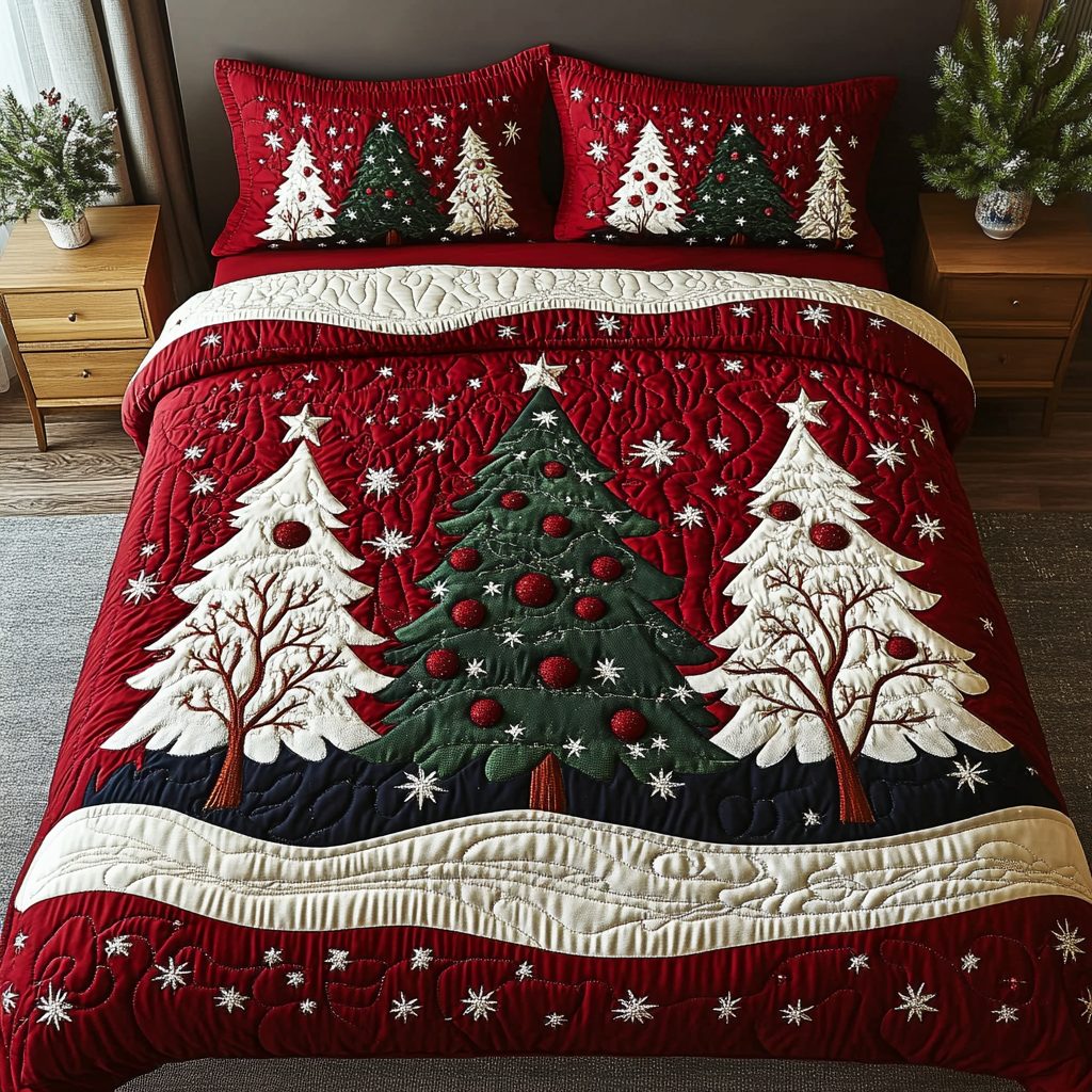 Evergreen Star quilted 3-piece bedding set on a made bed with two matching pillow shams