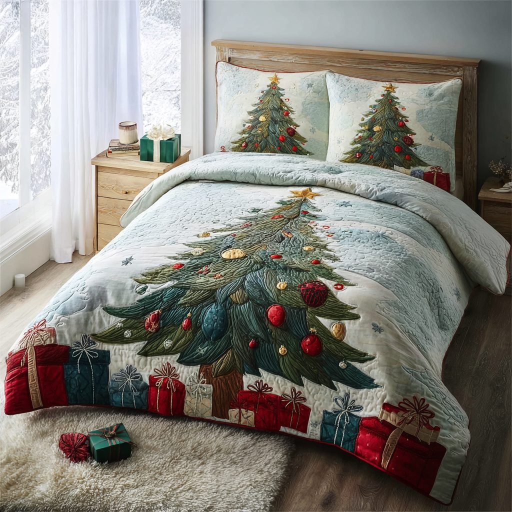 Evergreen Star quilted 3-piece bedding set on a made bed with two matching pillow shams