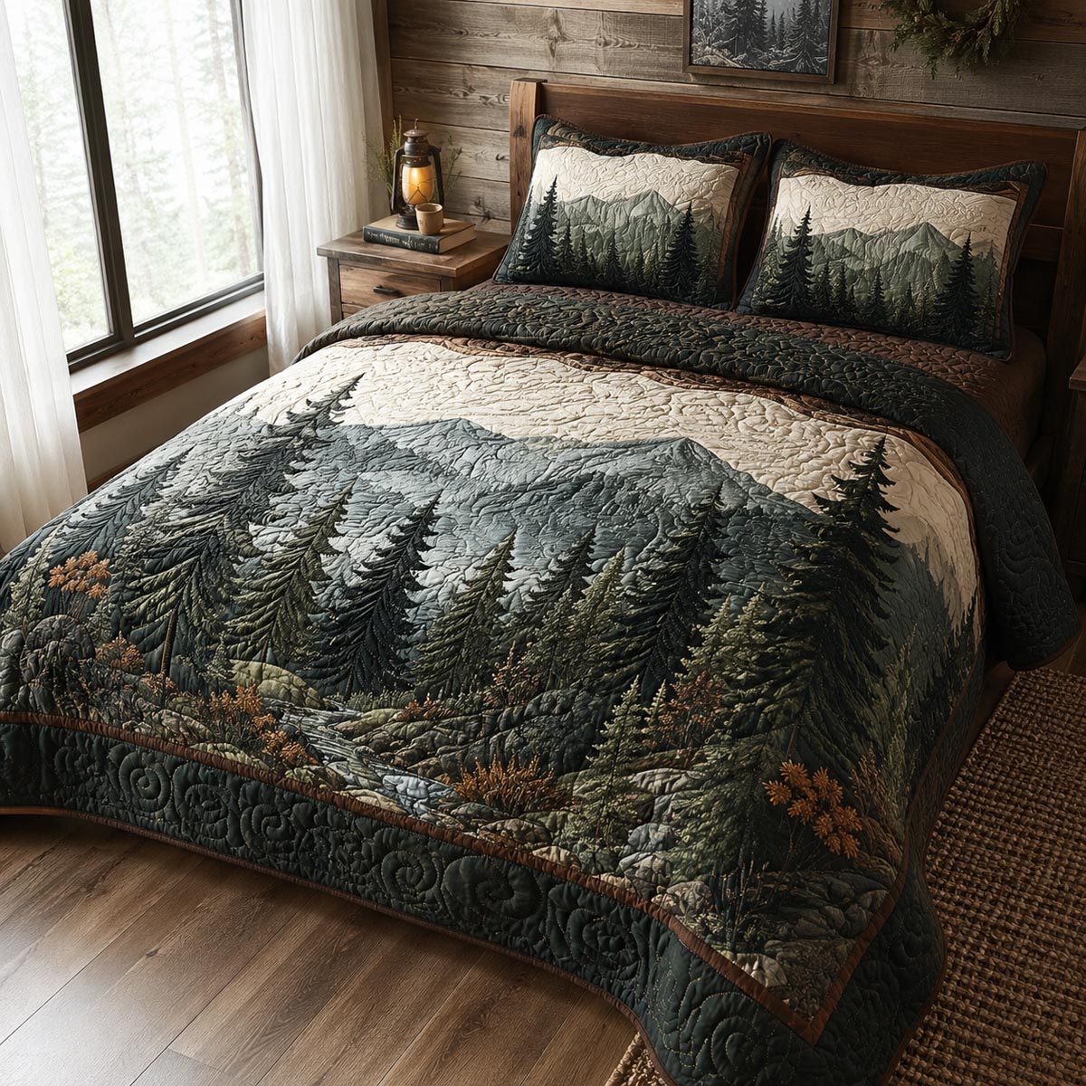 Evergreen Valley quilted 3-piece bedding set on a made bed with two matching pillow shams