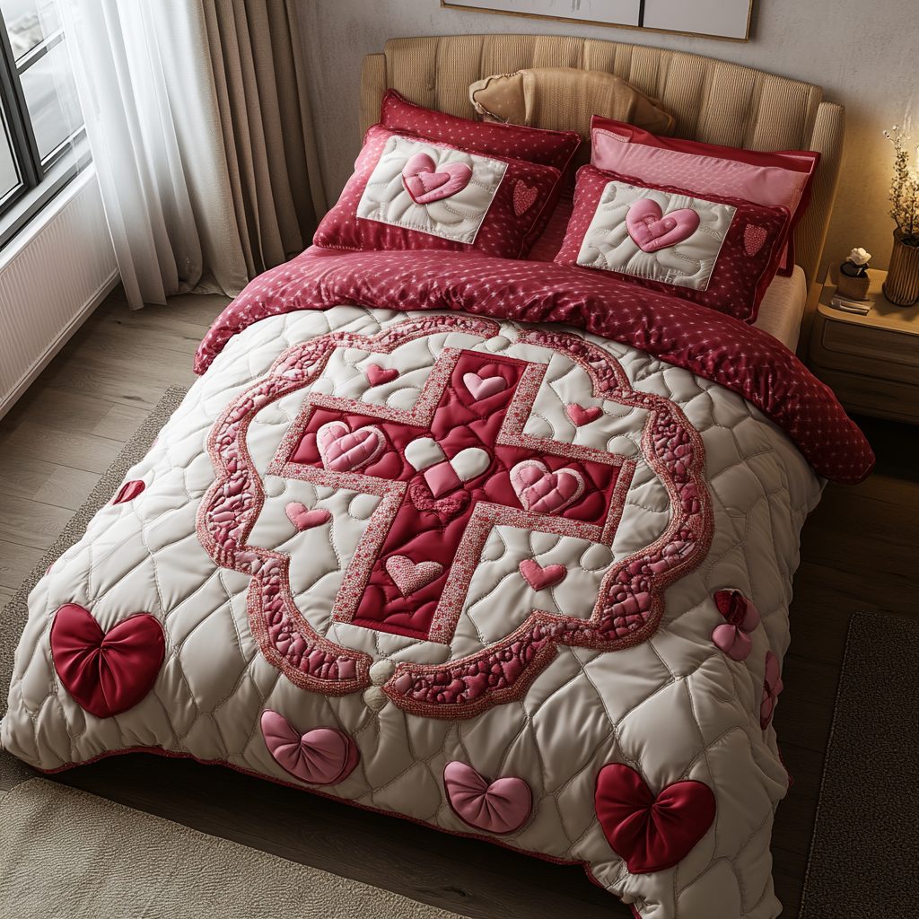 Everlasting Hearts quilted 3-piece bedding set on a made bed with two matching pillow shams