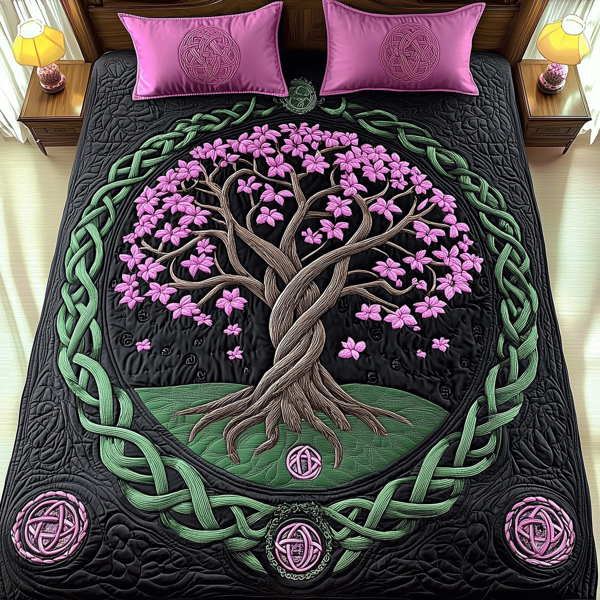 Everlasting Life quilted 3-piece bedding set on a made bed with two matching pillow shams