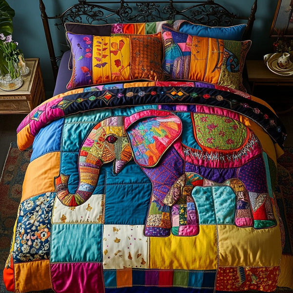 Exotic Comfort quilted 3-piece bedding set on a made bed with two matching pillow shams