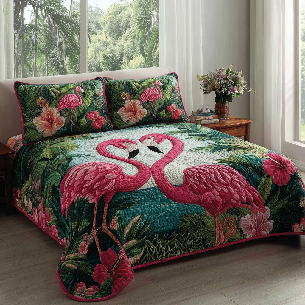 Exotic Duo quilted 3-piece bedding set on a made bed with two matching pillow shams