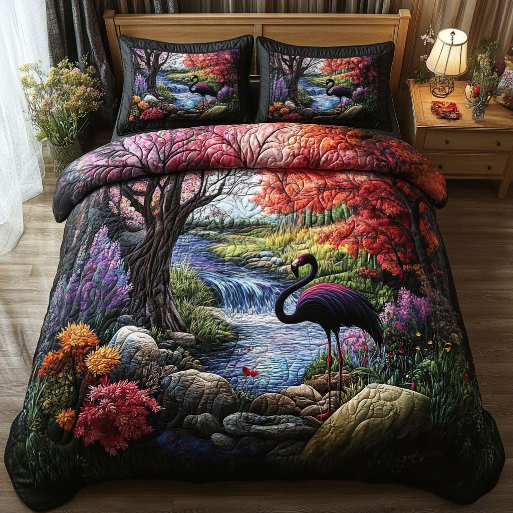 Exotic Flamingo Haven quilted 3-piece bedding set on a made bed with two matching pillow shams