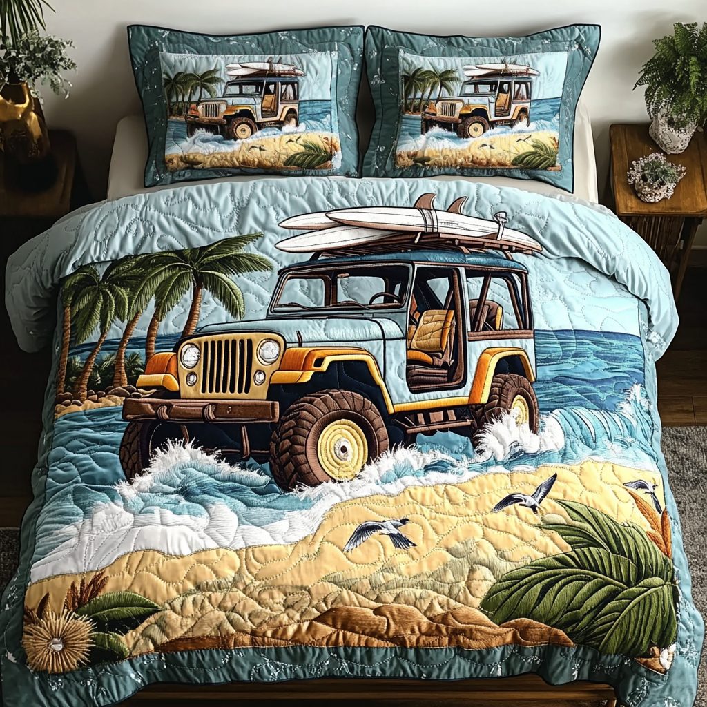 Explorer Road quilted 3-piece bedding set on a made bed with two matching pillow shams